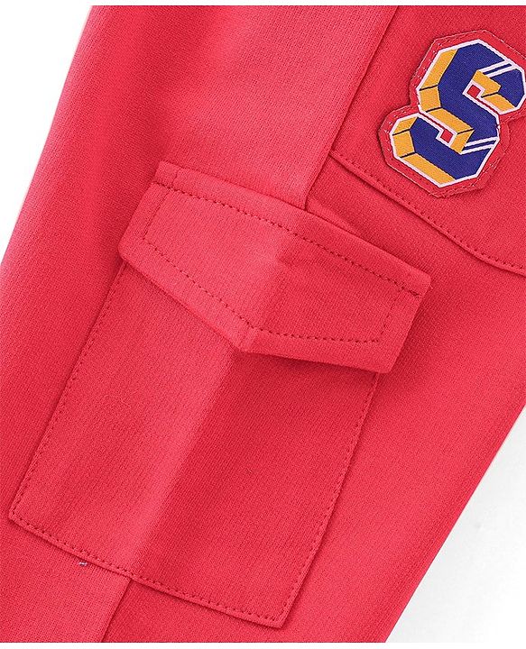 Babyhug Cotton Looper Knit Full Length Lounge Pants With Text Patch - Red
