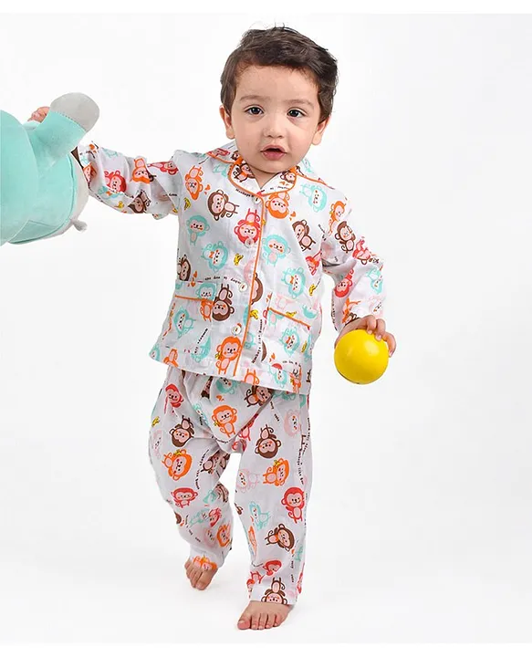 Moms Home Organic Cotton Muslin Full Sleeves Baby Monkey Printed Coordinating Night Suit Set Multi Colour