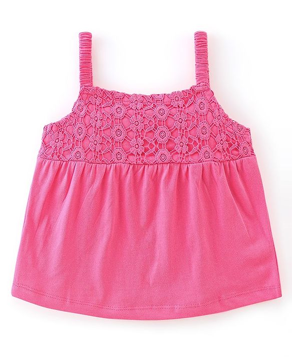 Babyhug Cotton Knit Sleeveless Singlet Top with Crotchet Detailing - Pink