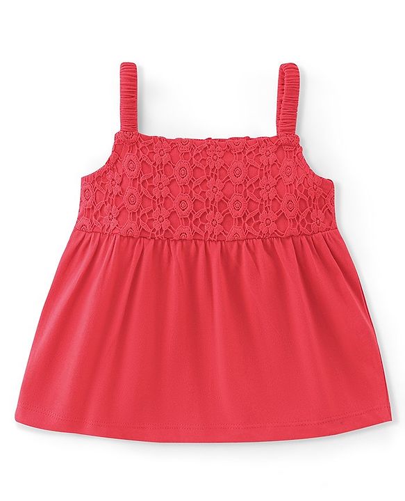 Babyhug Cotton Knit Sleeveless Singlet Top with Crotchet Detailing - Red
