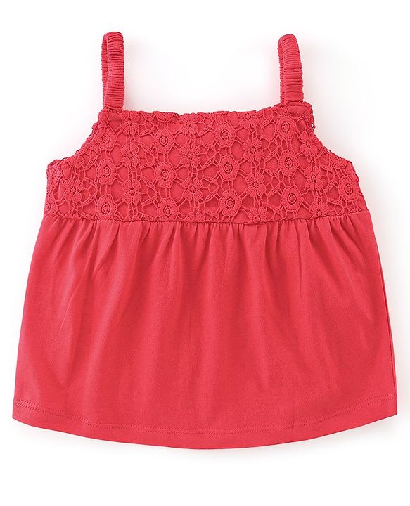 Babyhug Cotton Knit Sleeveless Singlet Top with Crotchet Detailing - Red