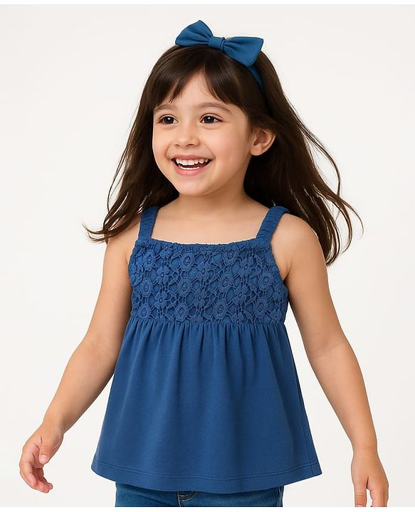 Babyhug Cotton Knit Sleeveless Singlet Top with Crotchet Detailing - Navy Blue