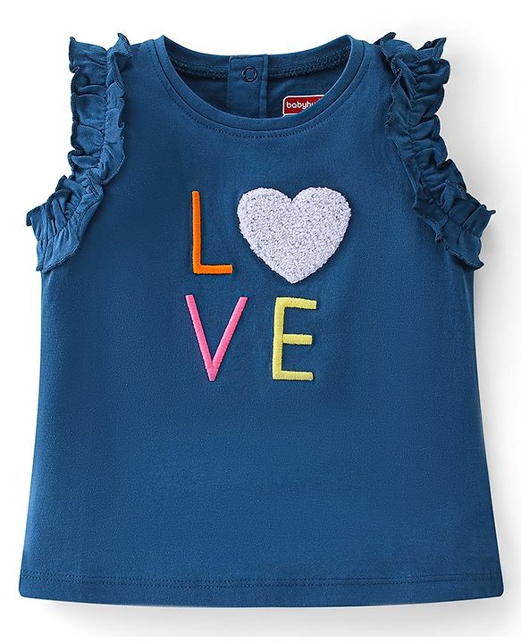 Babyhug 100% Cotton Knit Sleeveless Tee with Frill Detailing & Heart Applique -