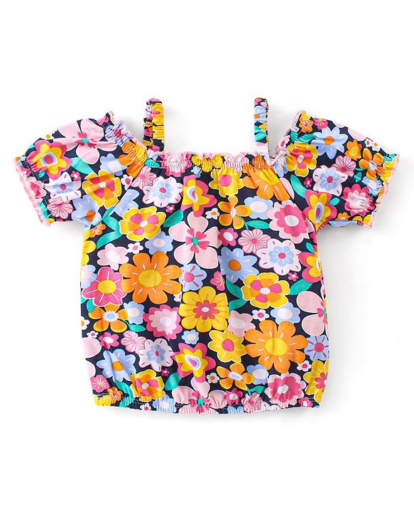 Babyhug Rayon Woven Half Sleeves Floral Printed Singlet Top - Navy Blue