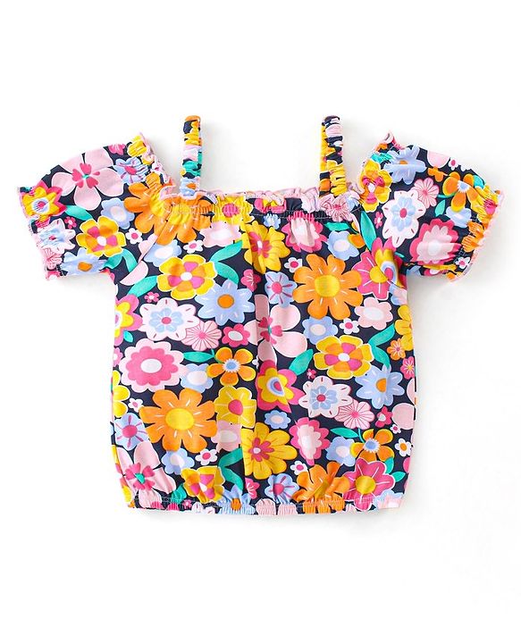 Babyhug Rayon Woven Half Sleeves Floral Printed Singlet Top - Navy Blue