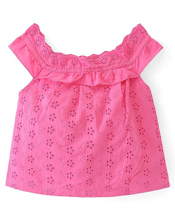 Babyhug 100% Cotton Sleeveless Schiffli Cropped Top With Frill Detailing- Pink
