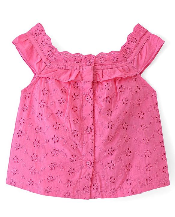 Babyhug 100% Cotton Sleeveless Schiffli Cropped Top With Frill Detailing- Pink