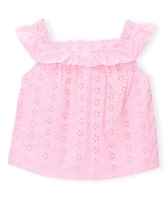Babyhug Cotton Sleeveless Schiffli Cropped Top With Frill - Light Pink