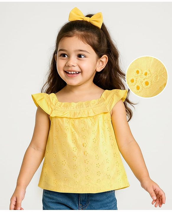 Babyhug 100% Cotton Sleeveless Schiffli Cropped Top With Frill Detailing- Yellow