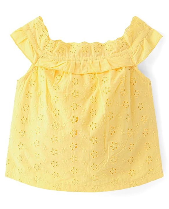 Babyhug 100% Cotton Sleeveless Schiffli Cropped Top With Frill Detailing- Yellow