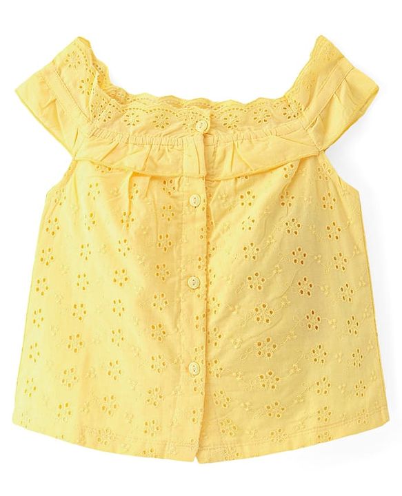 Babyhug 100% Cotton Sleeveless Schiffli Cropped Top With Frill Detailing- Yellow