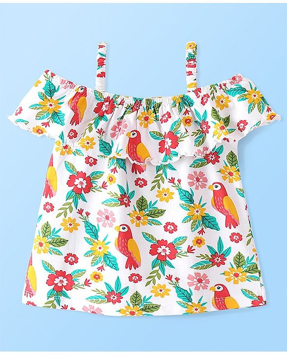 Babyhug 100% Rayon Woven Sleeveless Top with Frill Detailing Floral & Bird Print -White