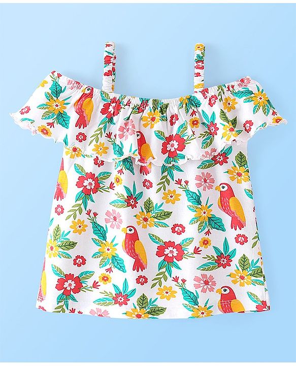 Babyhug 100% Rayon Woven Sleeveless Top with Frill Detailing Floral & Bird Print -White