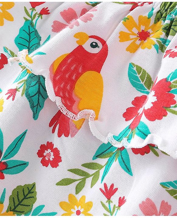 Babyhug 100% Rayon Woven Sleeveless Top with Frill Detailing Floral & Bird Print -White