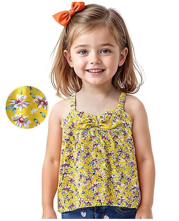 Babyhug 100% Cotton Knit Sleeveless Top with Floral Print - Yellow