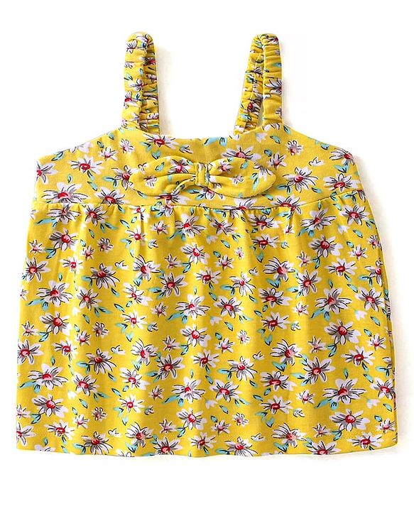 Babyhug 100% Cotton Knit Sleeveless Top with Floral Print - Yellow