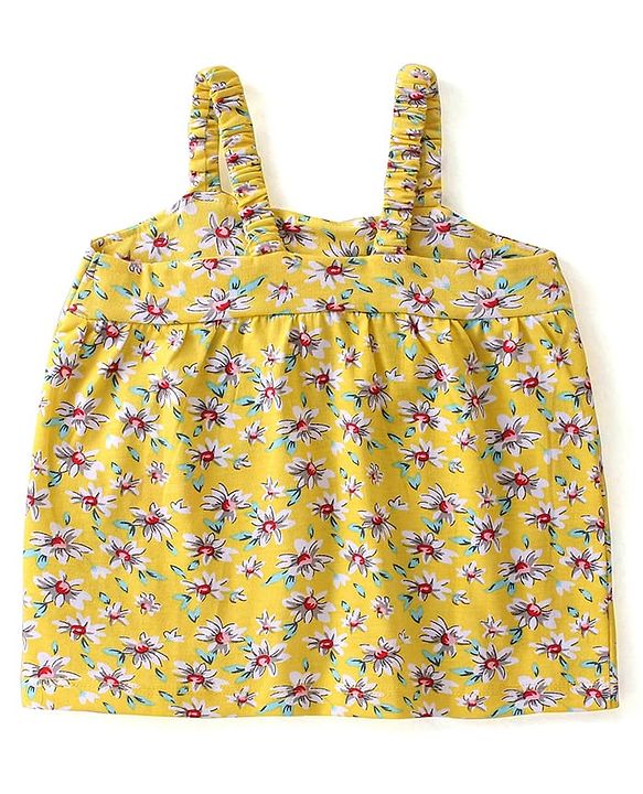 Babyhug 100% Cotton Knit Sleeveless Top with Floral Print - Yellow