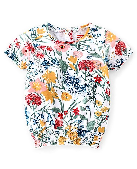Babyhug 100% Cotton Knit Half Sleeves Top Floral Print-Off White