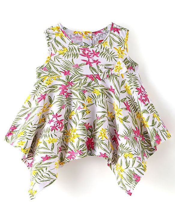 Babyhug 100% Cotton Knit Sleeveless Top with Bow & Floral Print- Off White