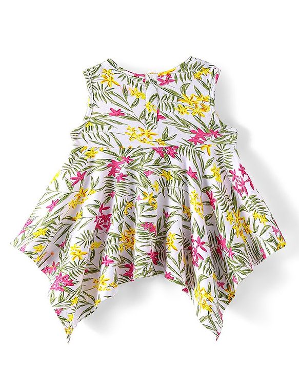 Babyhug 100% Cotton Knit Sleeveless Top with Bow & Floral Print- Off White