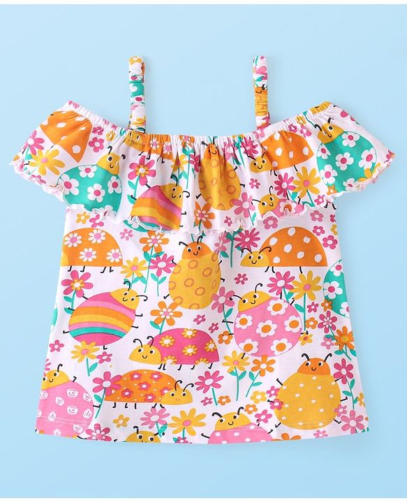 Babyhug Cotton Knit Off Shoulder Sleeves  Top Floral Print- White