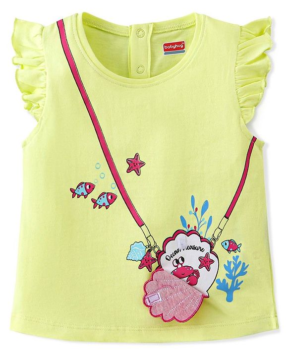 Babyhug 100% Cotton Knit Half Sleeves T-Shirt With Frill Detailing Mock Sling Bag Print- Green