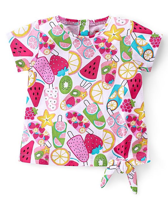 Babyhug 100% Cotton Knit Half Sleeves T-Shirt with Knot Applique & Watermelon Print - White