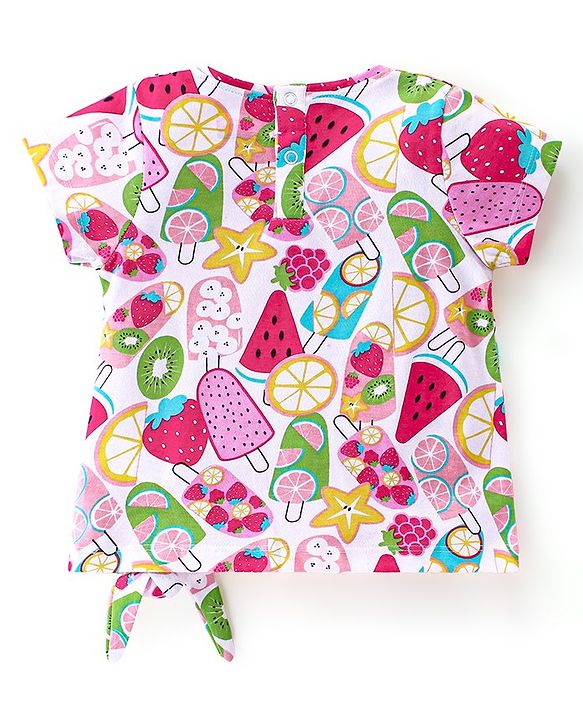 Babyhug 100% Cotton Knit Half Sleeves T-Shirt with Knot Applique & Watermelon Print - White
