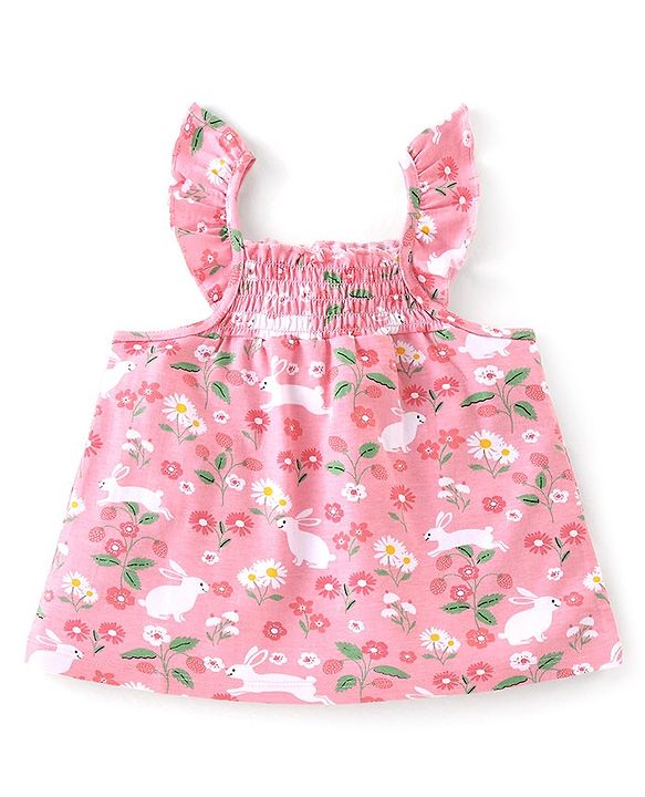 Babyhug 100% Cotton Knit Frill Sleeve Top With Floral Print - Pink