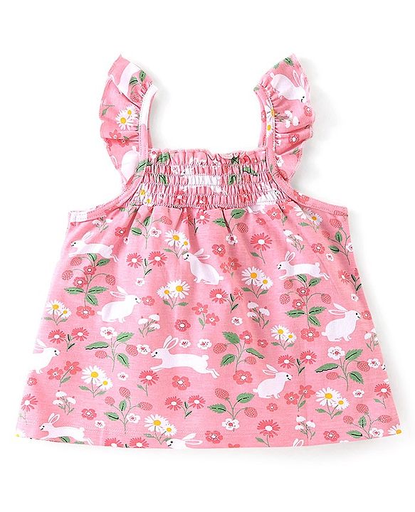 Babyhug 100% Cotton Knit Frill Sleeve Top With Floral Print - Pink