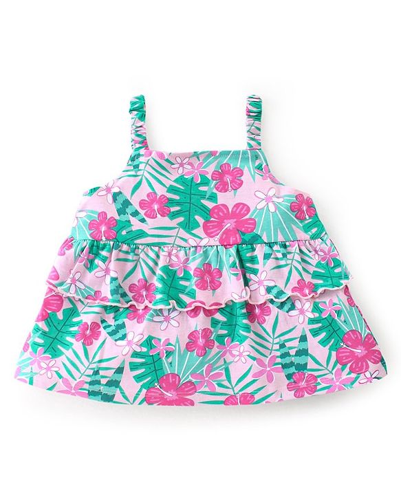 Babyhug 100% Cotton Knit Sleeveless Cropped Top With Frill Detailing & Tropical Print - Pink
