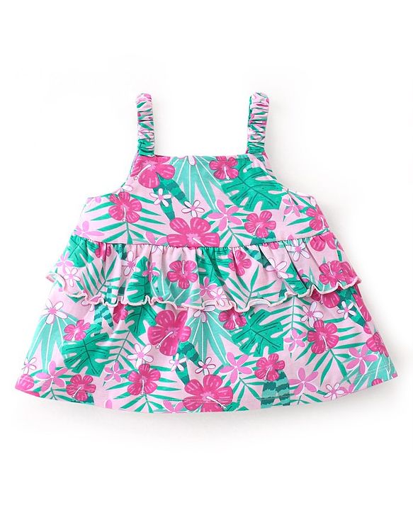 Babyhug 100% Cotton Knit Sleeveless Cropped Top With Frill Detailing & Tropical Print - Pink