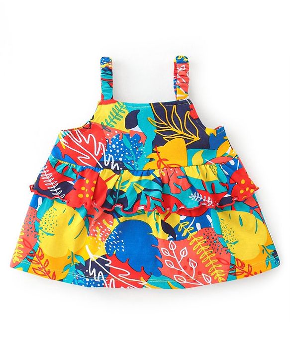 Babyhug Cotton Knit Sleeveless Tropical Printed Top with Frill Detailing - Multicolour