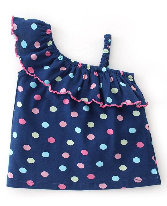 Babyhug Cotton Sleeveless One Shoulder Top With Polka Dot Print - Navy