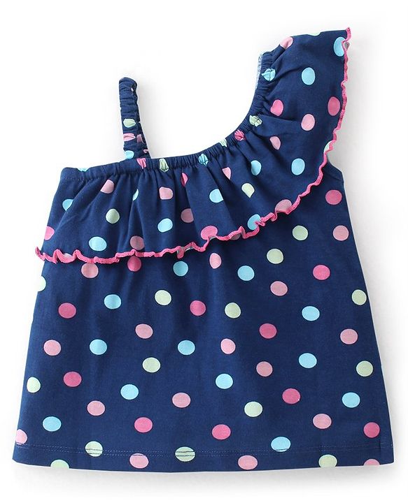 Babyhug Cotton Sleeveless One Shoulder Top With Polka Dot Print - Navy