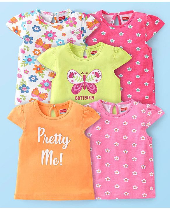 Babyhug 100% Cotton Cap Sleeves Top With Butterfly & Floral Graphics Pack of 5 - Multicolour
