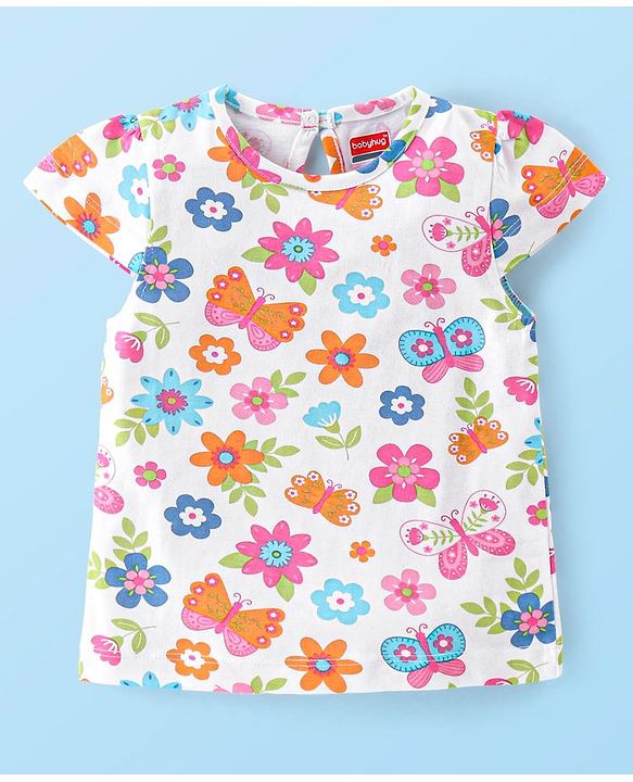 Babyhug 100% Cotton Cap Sleeves Top With Butterfly & Floral Graphics Pack of 5 - Multicolour