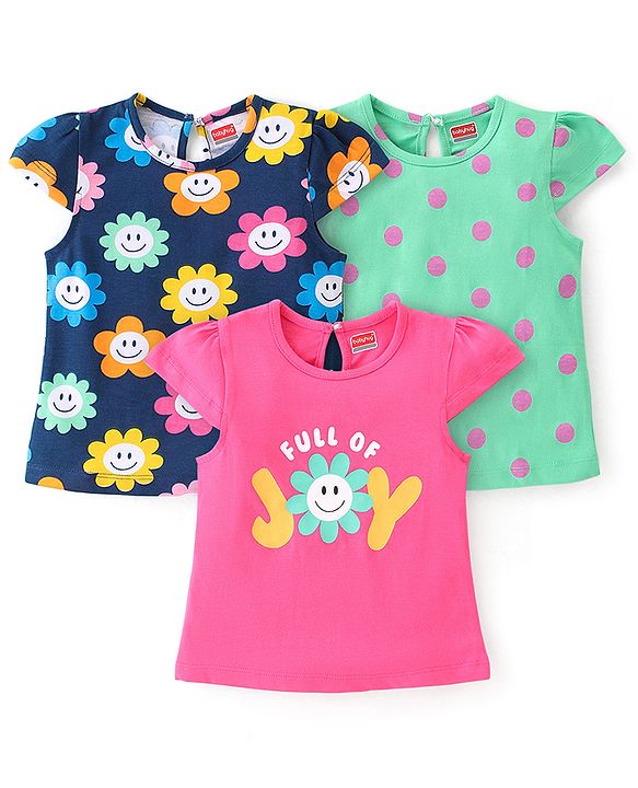 Babyhug Cotton Knit Cap Sleeves Floral & Text Printed T-Shirts Pack of 3 - Pink Green & Navy Blue