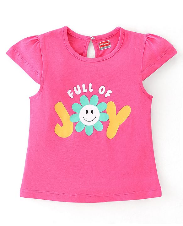 Babyhug Cotton Knit Cap Sleeves Floral & Text Printed T-Shirts Pack of 3 - Pink Green & Navy Blue