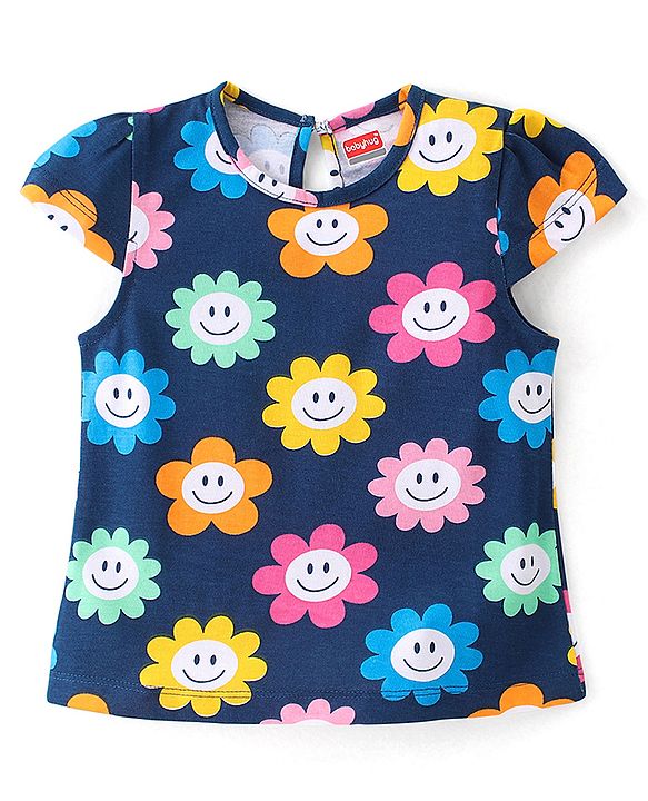 Babyhug Cotton Knit Cap Sleeves Floral & Text Printed T-Shirts Pack of 3 - Pink Green & Navy Blue