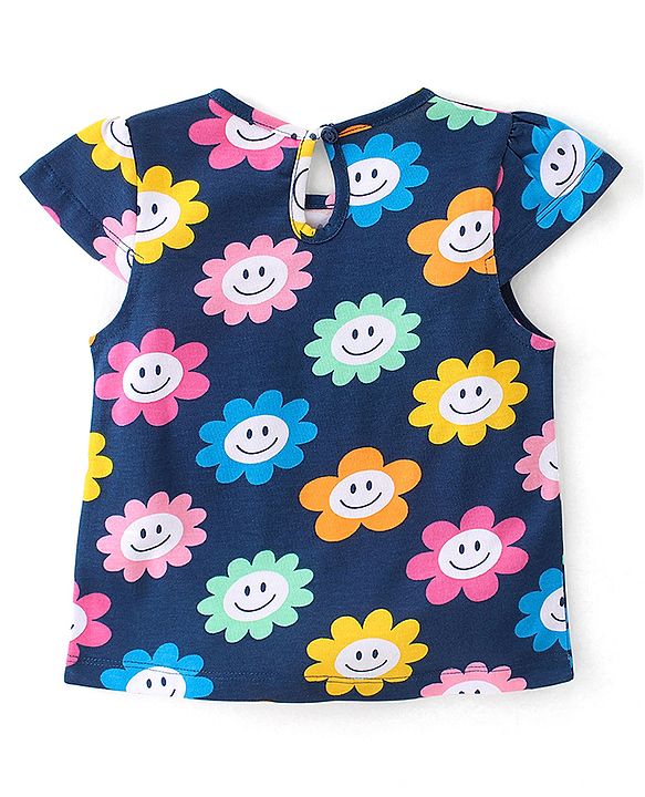 Babyhug Cotton Knit Cap Sleeves Floral & Text Printed T-Shirts Pack of 3 - Pink Green & Navy Blue