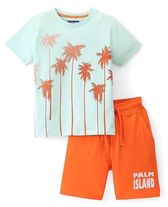 Pine Kids Single Jersey Knit Half Sleeves T-Shirt & Shorts Set Palm Tree Print  Blue & Orange