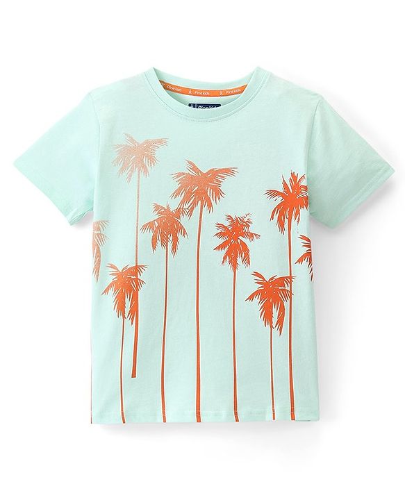 Pine Kids Single Jersey Knit Half Sleeves T-Shirt & Shorts Set Palm Tree Print  Blue & Orange