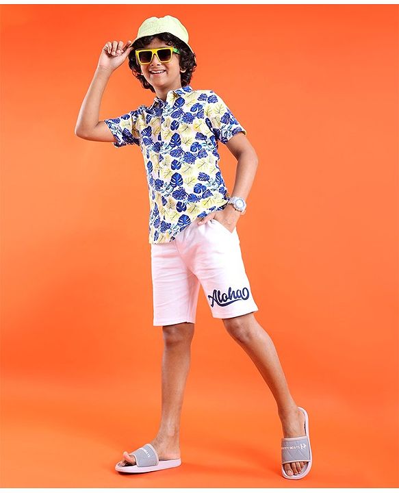 Pine Kids Single Jersey Knit Half Sleeves Shirt & Shorts Set Leaf Print - Multicolor