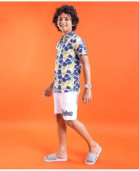 Pine Kids Single Jersey Knit Half Sleeves Shirt & Shorts Set Leaf Print - Multicolor