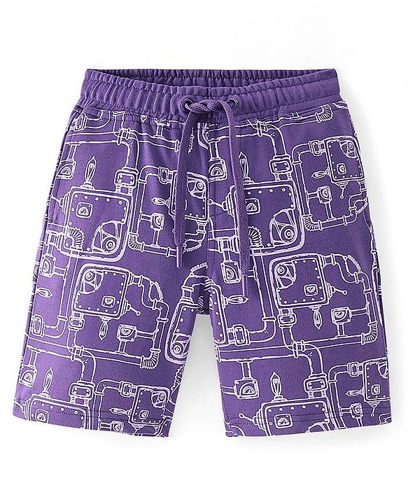 Pine Kids Terry Cotton Knee Length Factory Setup Print Shorts - Purple