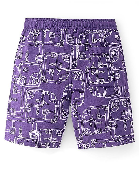 Pine Kids Terry Cotton Knee Length Factory Setup Print Shorts - Purple