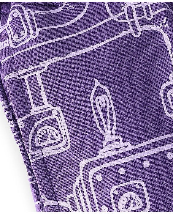Pine Kids Terry Cotton Knee Length Factory Setup Print Shorts - Purple