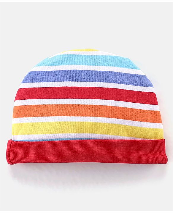 Babyhug 100% Cotton Knit Striped Cap Mittens & Booties Set - Multicolour