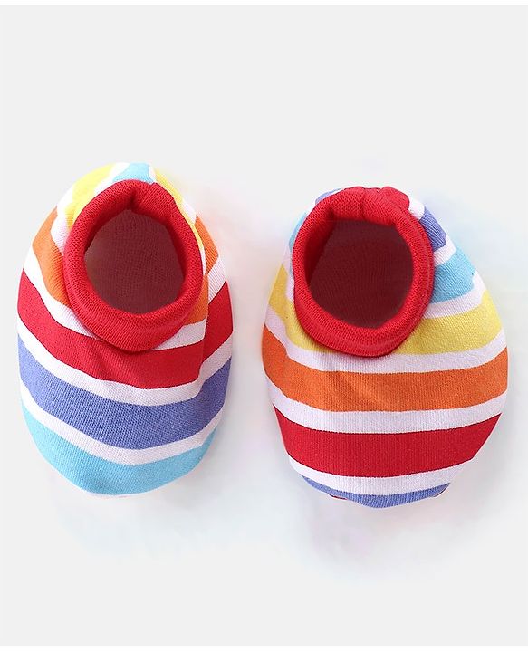 Babyhug 100% Cotton Knit Striped Cap Mittens & Booties Set - Multicolour